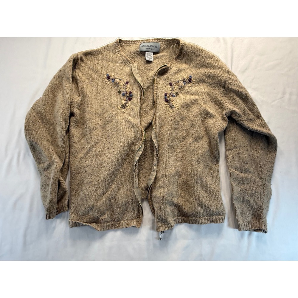 Eddie Bauer Womens Cardigan Sweater Small Tan Wool Blend Floral Embroidered Zip